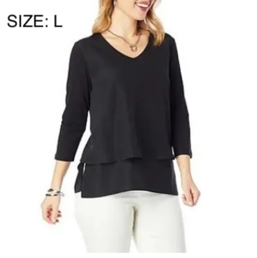 DG2 Diane Gilman Knit and Crepe V Neck 3/4 Sleeves Top Blouse L